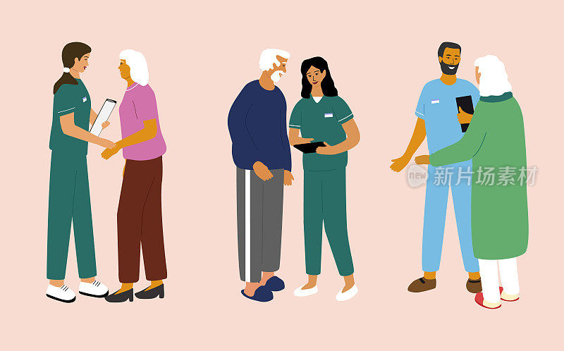Set of illustrations, nurses speaking with old people. Elder care and help concept. Social workers taking care about senior man and woman. Vector flat cartoon illustration. 